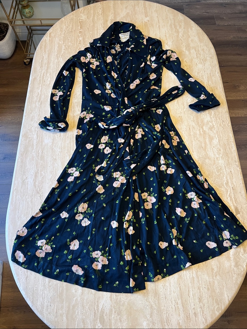 VINTAGE Diane Von Furstenberg Navy Floral Wrap Dress with Pink Blossoms